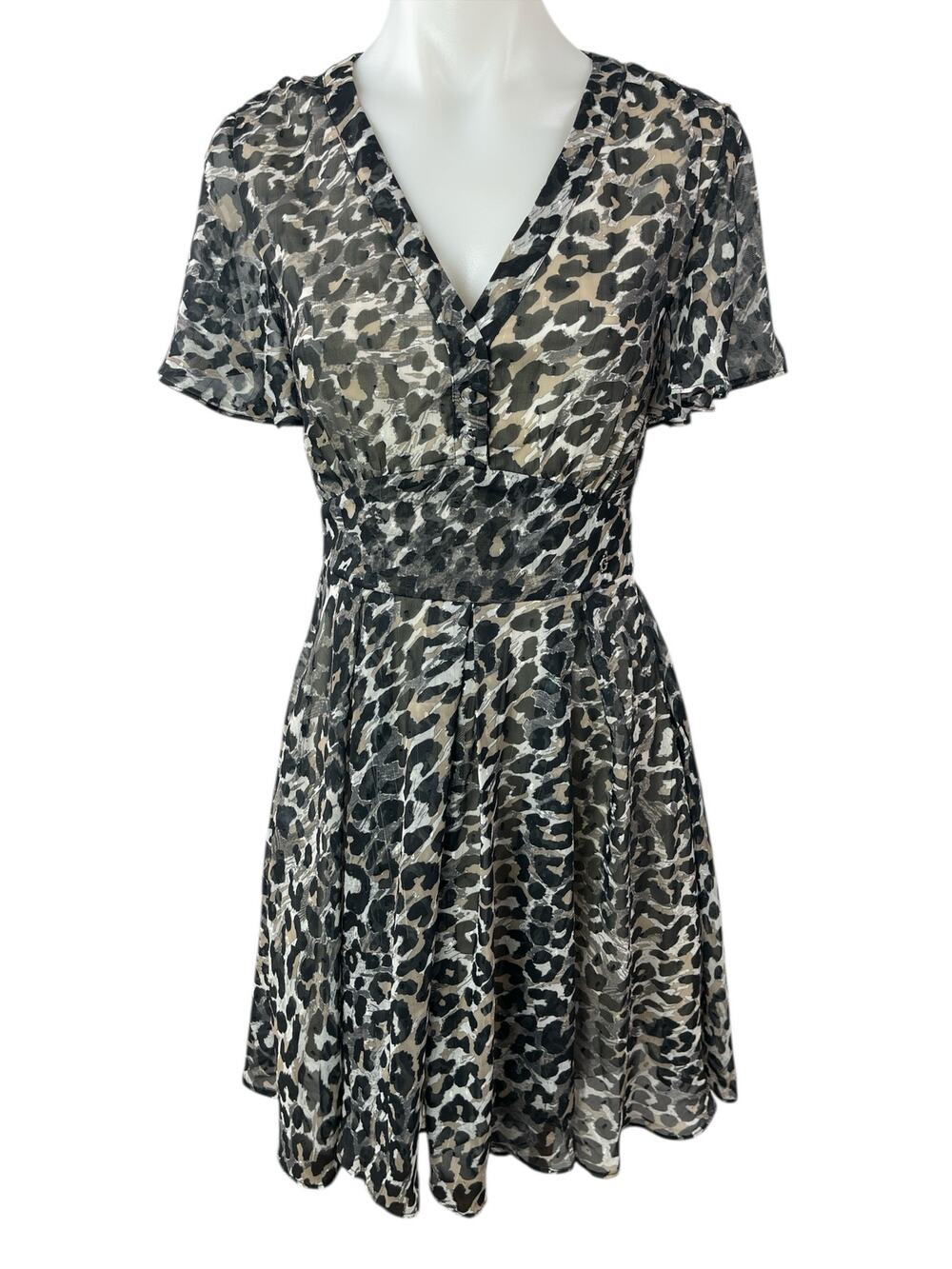 Guess Felicia Leopard Animal Print Short Flutter Sleeve Mini A-Line Dress Sz XS